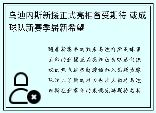 乌迪内斯新援正式亮相备受期待 或成球队新赛季崭新希望